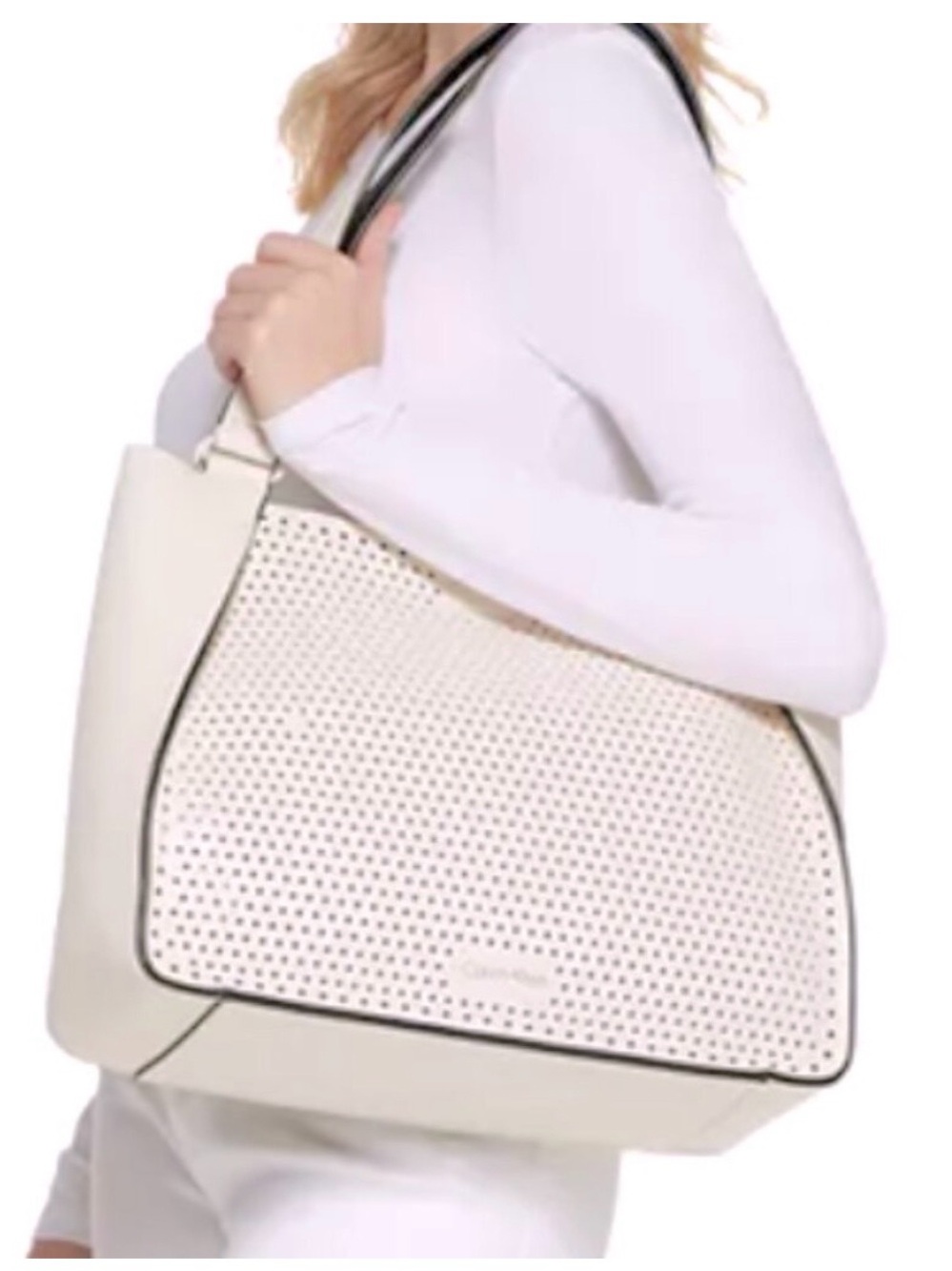 Calvin Klein Perforated Shoulder Tote in Off-White with Black Trim